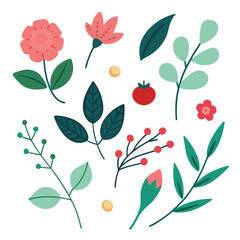 Seamless vintage floral pattern with red flowers and green leaves