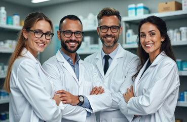 Fototapeta premium Group pharmacists smile looking at camera in pharmacy. Healthcare professionals work together. Cheerful pharmacy staff, medicine and health professionals. Apothecary team in white coats in the shop.