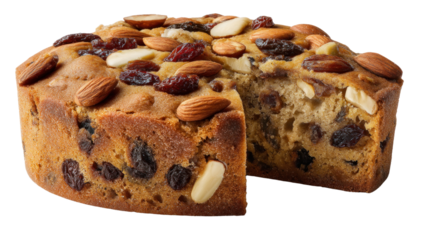 Exquisite Fruitcake: A delectable, moist fruitcake adorned with assorted nuts and dried fruits, presenting a culinary masterpiece that embodies the essence of celebratory gatherings.