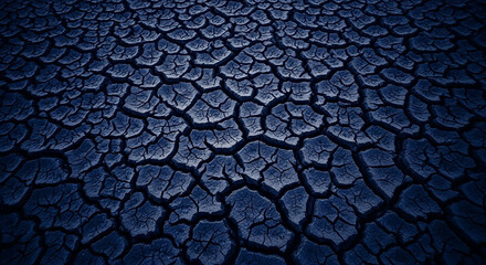 Cracked dry earth texture in dark blue showing severe drought conditions and environmental impact