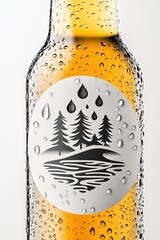 Close-up of cold beer bottle with condensation and minimalistic black and white forest label

