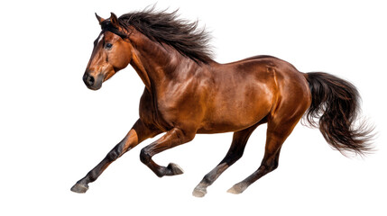 Fototapeta premium Magnificent Galloping Horse: A powerful brown horse gallops across the plains with its flowing mane and tail trailing behind, embodying speed and freedom. 