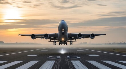 Naklejka premium Commercial Airplane Taking Off at Sunrise Dramatic Light Transportation Technology and Travel Flight Concept Modern Aviation Vehicle Departure Speed Global Connectivity