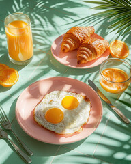 A delicious breakfast with eggs, croissants and orange juice.