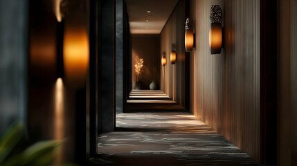 Modern Dark Hotel Corridor With Warm Lighting