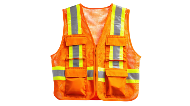High-Visibility Safety Vest: An eye-level shot showcasing a high-visibility safety vest, boasting reflective strips and multiple pockets.