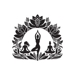 International Yoga Day Silhouette Vector Illustration, Solid White Background.