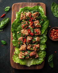 Delicious Meat Cubes with Herbs and Spices on a Wooden Board