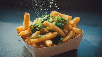 crispy tasty potato fries chips with mayonnaise sauce served in a paper food box . aspect ratio 16:9