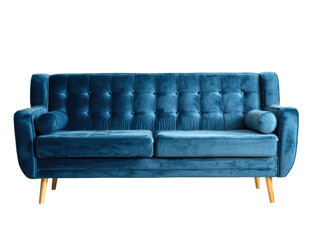 Cozy blue tufted sofa for interior design and decor on a transparent background, cut out