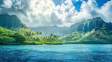 Lush green mountains and palm trees on a tropical coastline