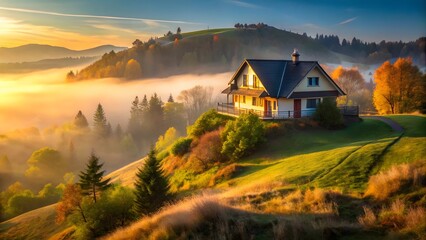 Sunrise over Misty Mountain Valley with House