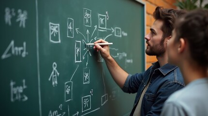 Student Explaining Drawing on Board to Interested Peer