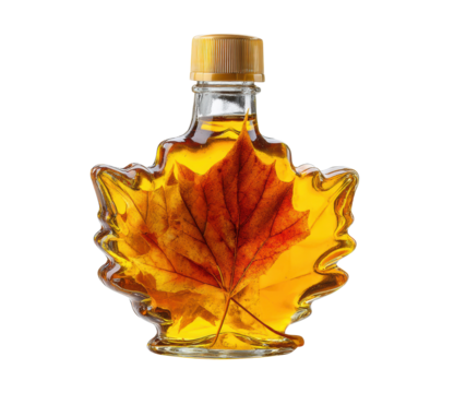 Unique maple syrup bottle with autumn leaf decoration for gift giving on a transparent background, cut out