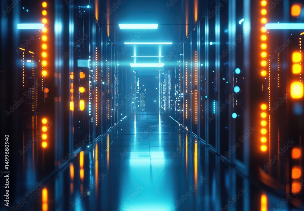 Poster 3d rendering of a sleek futuristic data center hallway with glowing blue ceiling panels and orange s
