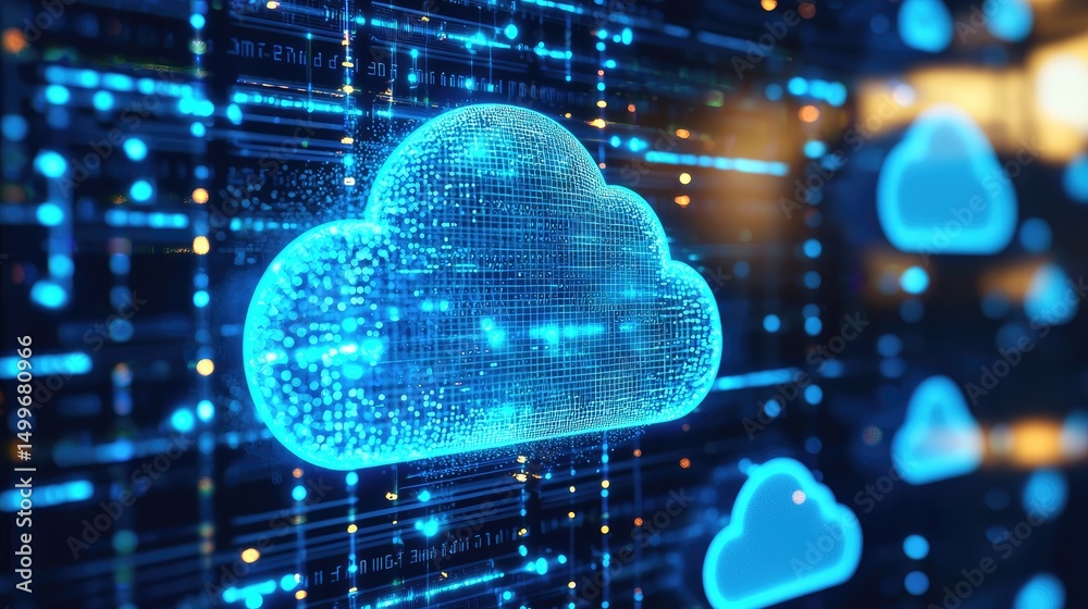 Leinwandbilder futuristic 3d rendering of a glowing blue digital cloud in a server room environment, ideal for clou