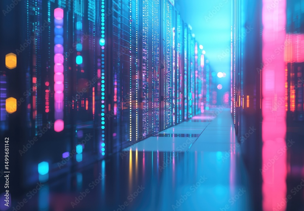 Poster futuristic 3d rendering of a neon-lit server hallway in blue and pink tones, ideal for high-tech inf