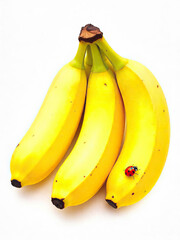 Bunch of ripe yellow bananas with a ladybug on a white surface