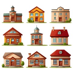 Collection of Diverse School Building Illustrations for Educational Projects and Design Work