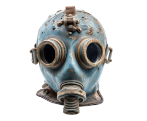 Unique vintage gas mask with blue finish and historical details on a transparent background, cut out
