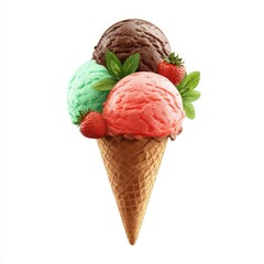 Delicious Triple Scoop Ice Cream Cone with Strawberries and Mint A perfect summer treat