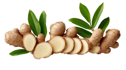 Ginger and green leaves: The captivating image displays a collection of fresh, aromatic ginger roots and vibrant green leaves. Each ginger piece is carefully arranged.