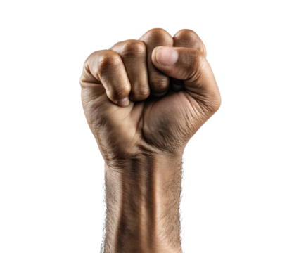 Powerful raised fist symbolizing strength and unity in activism on a transparent background, cut out