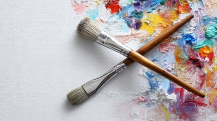 Fototapeta premium Paintbrushes on Canvas with Colorful Palette Strokes and Textured Design