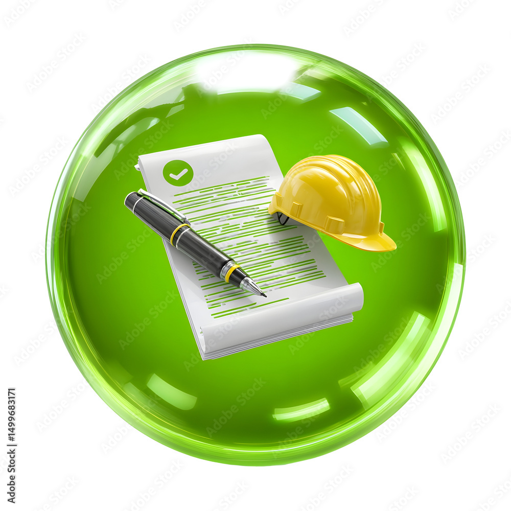 Aufkleber a transparent green glass sphere contains an icon depicting a construction contract with a hardhat a