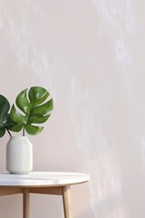 White marble table and tropical plant on plain wall background