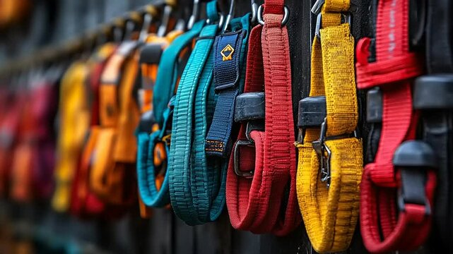 Colorful Collection of Dog Harnesses Hanging Displayed on a Metal Rack for Sale