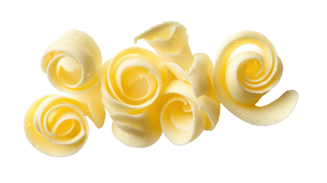 Butter curls: A close-up view of delicate butter curls, meticulously crafted and arranged in an appetizing presentation. showcasing the creamy texture, and inviting appeal