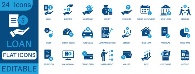 Loan icon set. Containing mortgage, borrow, interest, debtor, credit score, lender, installment, rate, lending and more. perfect flat icon collection.