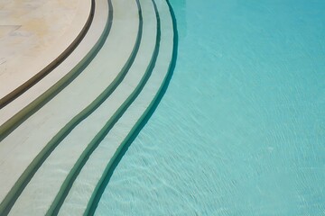 AI Generated image of Curved pool steps descending into clear turquoise water creating a tranquil and inviting scene for relaxation and summer vacation