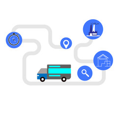 Truck driving along a route marked on a map with factory icons, stopwatch, cloud, and gear. Ideal for logistics, delivery,