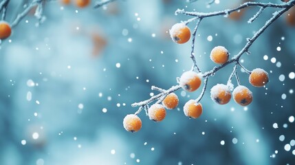 Close-up of snow-covered orange berries on frosted branches