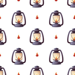 Seamless pattern with camping lanterns and small flames on a white background