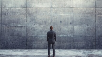 Businessman standing in front of a concrete wall viewed from behind