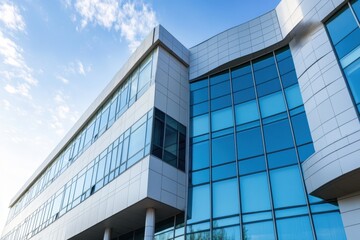 Modern glass office building with rounded architecture under blue sky. Contemporary commercial exterior with reflections. Ideal for corporate visuals, real estate, and business concepts. Banner