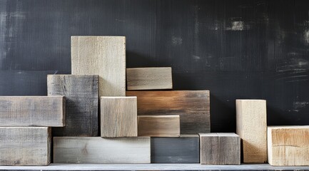 Variously sized and toned reclaimed wood blocks arranged asymmetrically against a dark gray background
