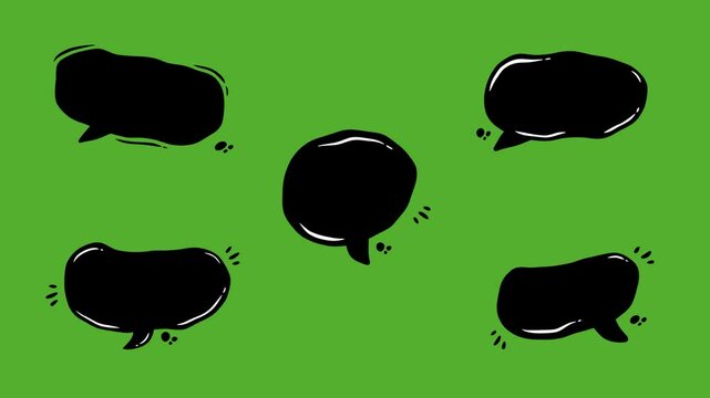 Doodle hand drawn speech bubble animation on green background, A set of clouds speech bubble shapes animated.	