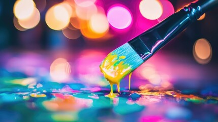 Fototapeta premium Paintbrush drips vibrant yellow paint onto a colorful palette, bokeh background