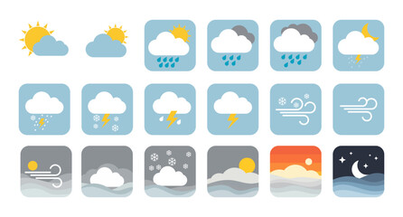 Fototapeta premium weather icons, clouds, sunny, gray, cloudy, rainy, snowflakes, wind, sun, moon, crescent, waves, sunrise, sunset, beach, background. and many more.