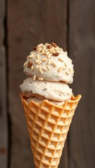 Vanilla Ice Cream Cone with Sesame Seeds and Hazelnuts