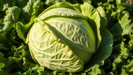 Fototapeta premium Fresh Cabbage Head Amidst Green Leaves