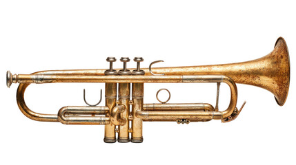 Fototapeta premium Vintage Trumpet: A close-up studio shot highlights a beautifully weathered, vintage trumpet, showcasing its intricate details and timeless appeal of music.