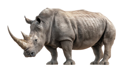 Obraz premium White Rhinoceros Profile: Majestic white rhinoceros stands majestically against a clean background, showcasing its thick skin, wide mouth, and impressive horn.