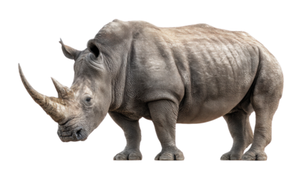 White Rhinoceros Profile: Majestic white rhinoceros stands majestically against a clean background, showcasing its thick skin, wide mouth, and impressive horn.