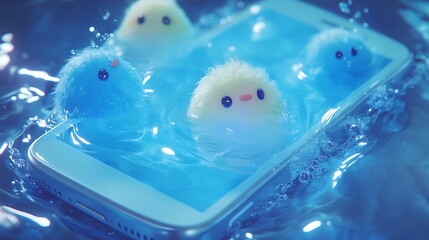 Cute water emojis swimming around holographic phone