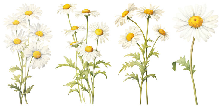 PNG Illustration of daisies with green leaves on transparent background element set on transparent background.